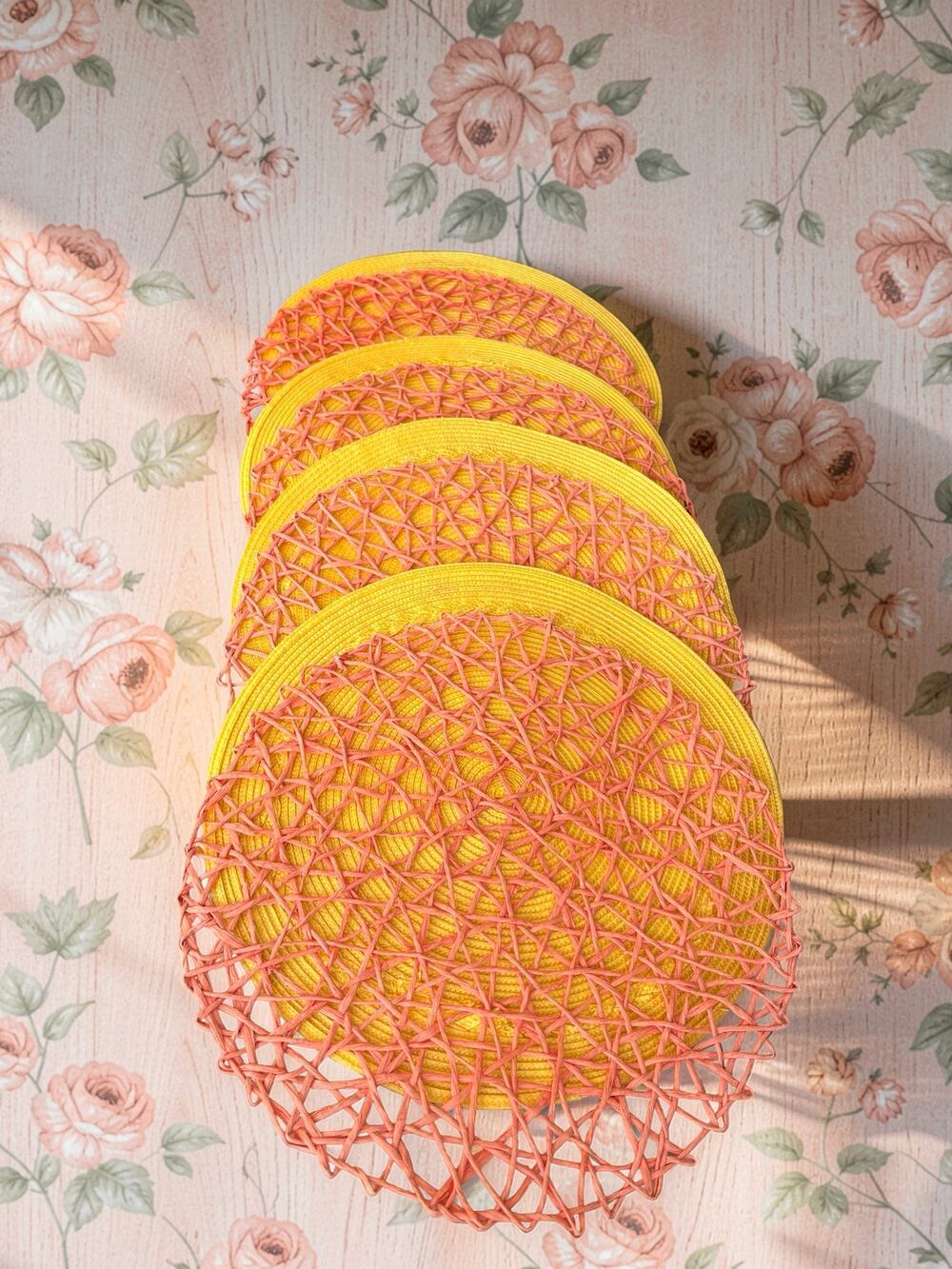Set 8 Yellow & Coral Woven Round Placemats Layered Rattan Look Boho Table Decor